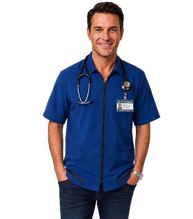 Stretch Unisex Scrub Jacket with Collar & Zipper, Half Sleeves, 1 Chest Pocket & 2 Lower Pockets with Zipper
