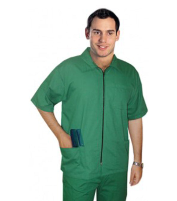 Poplin Unisex Barber Set with Collar - 4 pockets (3 Pockets Jacket with Zip & 1 Pocket Pant), Half Sleeves