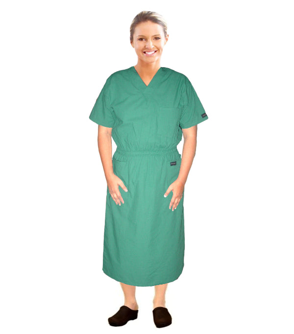 Poplin Unisex Nursing Dress Below Knee Length, V-Neck - 3 front pockets, Half Sleeves, Elastic Waist