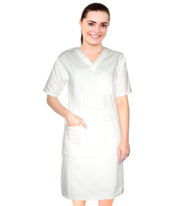 Poplin Unisex Nursing Dress Below Knee Length, V-Neck - 3 front pockets, Half Sleeves, Elastic Waist