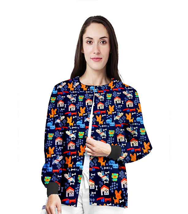 Poplin Unisex Scrub Jacket with Dog Print- 2 Pockets, Full Sleeves