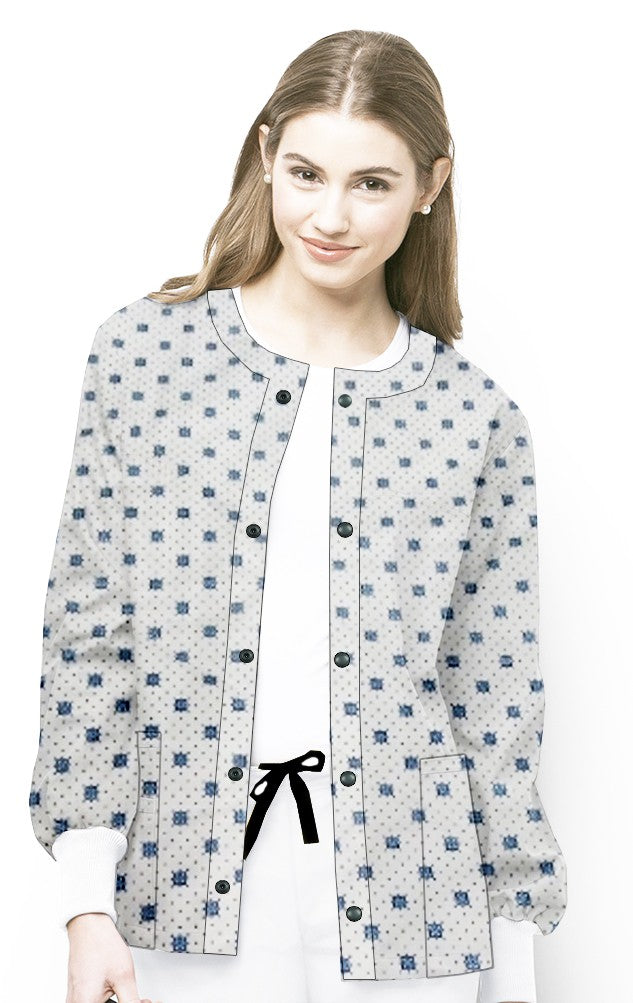 Poplin Unisex Scrub Jacket with Green Square Print - 2 Pockets, Full Sleeves