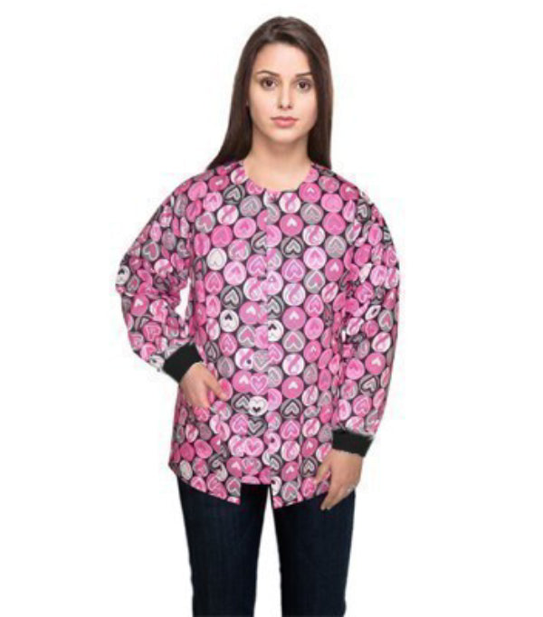 Poplin Unisex Scrub Jacket with Rib in Pink Ribbon Print - 2 Pockets, Full Sleeves