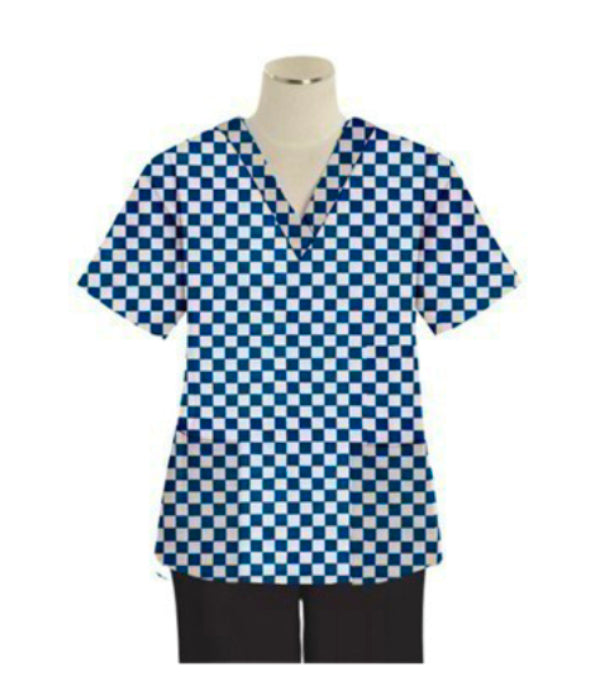 Blue Square Print Scrub Top V Neck 2 Pocket Half Sleeve in Poplin Fabric 35% Cotton 65% Polyester