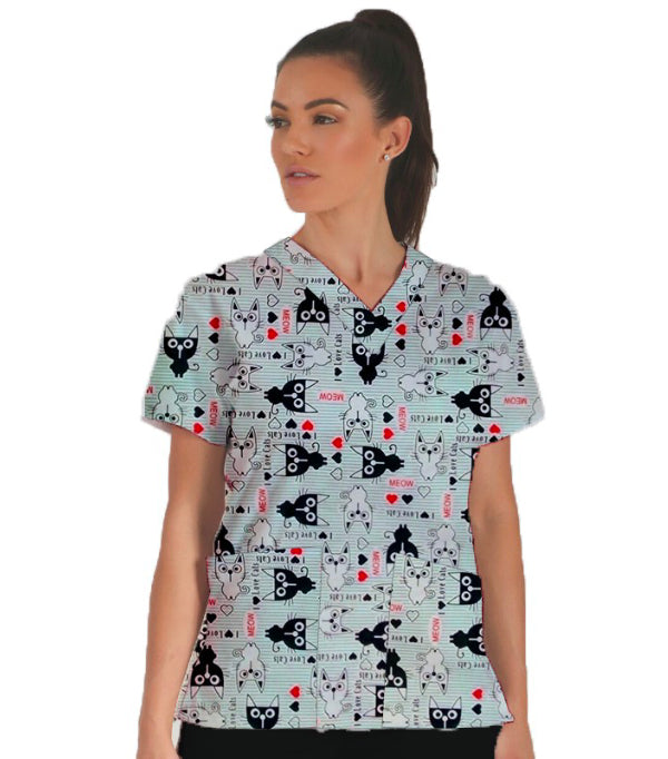 Poplin Women Cat Print Scrub Top V Neck - 2 Pockets, Half Sleeves