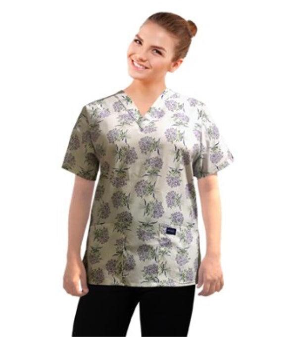 Flower Bouquet Print Scrub Top V Neck 2 Pocket Half Sleeve in Poplin Fabric 35% Cotton 65% Polyester