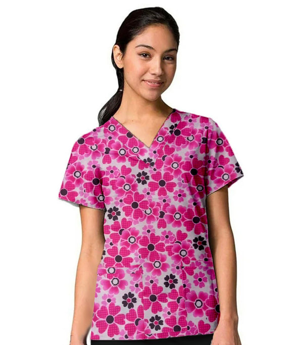 Pink Flowers Print Scrub Top V Neck Pocket Half Sleeve in Poplin Fabric 35% Cotton 65% Polyester
