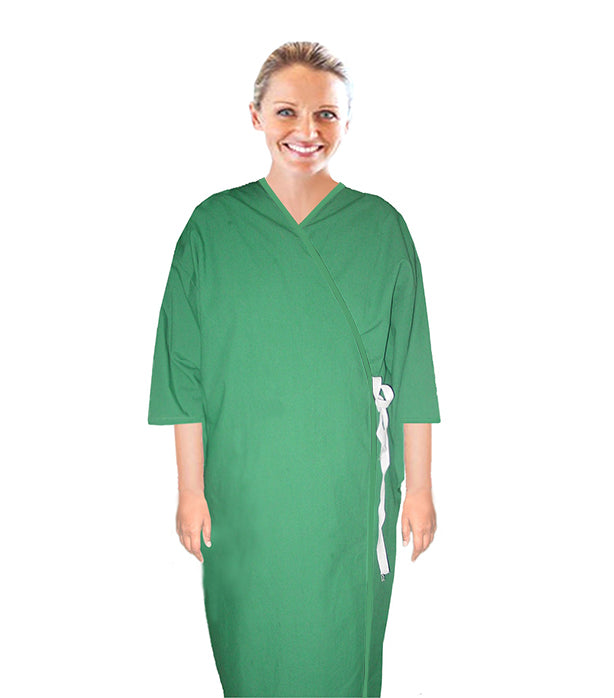 New Patient gown front open solid 3/4 sleeve with matching piping tie able