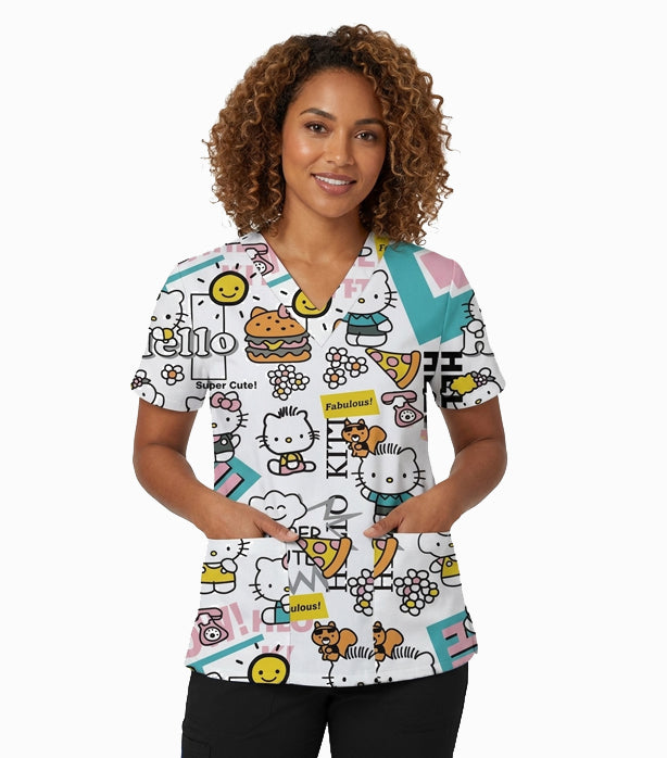 Interlock Stretch Printed Scrub Set Hello Kitty Print 4 Pockets Ladies Half Sleeves (2 Pockets Top and 2 Pockets Pant)