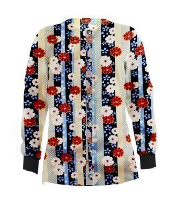 Poplin Unisex Scrub Jacket with Red and Beige flowers with blue background print - 2 Pockets, Full Sleeves