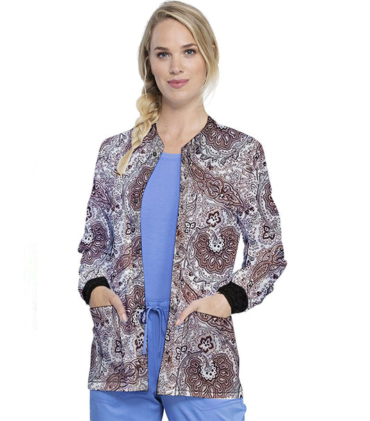 Poplin Unisex Scrub Jacket with Brown Paisley Print - 2 Pockets, Full Sleeves