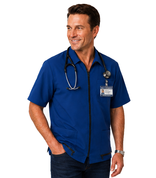 Stretch Unisex Scrub Jacket with Collar & Zipper, Half Sleeves, 1 Chest Pocket & 2 Lower Pockets with Zipper
