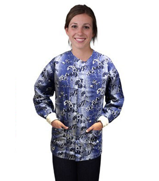 Poplin Unisex Scrub Jacket with Blue And White Flower Print- 2 Pockets, Full Sleeves