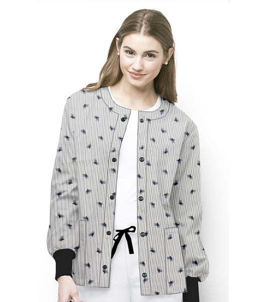 Poplin Unisex Scrub Jacket with Black Leaf Print - 2 Pockets, Full Sleeves