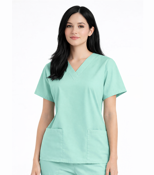 Poplin Women's V-Neck Scrub Top - 2 Pockets with Pencil Pocket, Half Sleeve