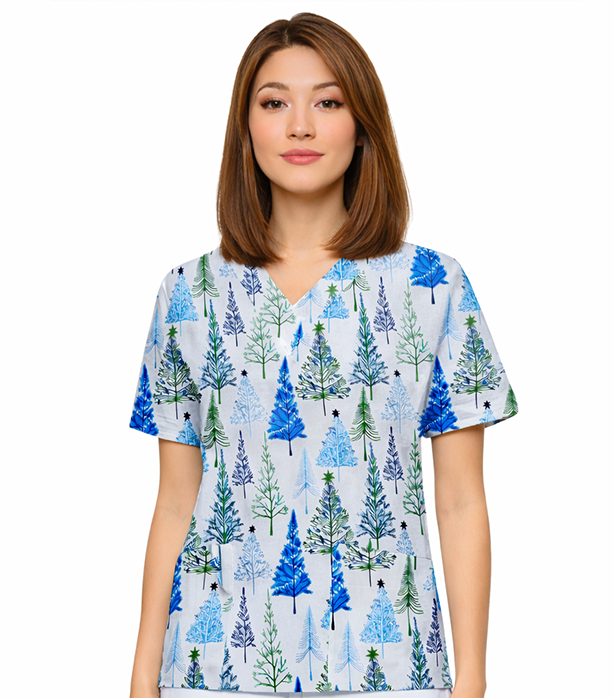 Christmas Tree Printed Scrub Top V-Neck 2 Pockets Half Sleeves - Poplin Fabric 35% Cotton, 65% Polyester