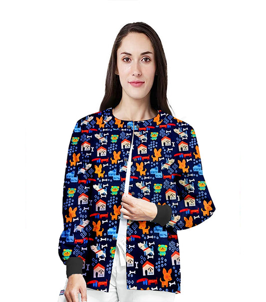 Poplin Unisex Scrub Jacket with Dog Print- 2 Pockets, Full Sleeves