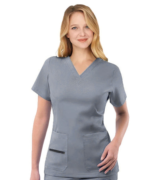 Poplin Women's Scrub Top V Neck with 2 Patch Pockets and 1 Zipped Pocket in Poplin Fabric