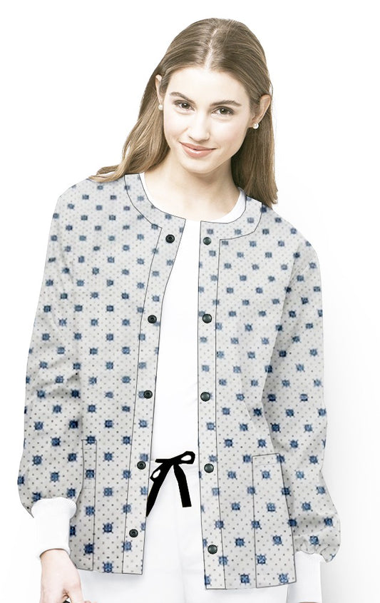 Poplin Unisex Scrub Jacket with Green Square Print - 2 Pockets, Full Sleeves