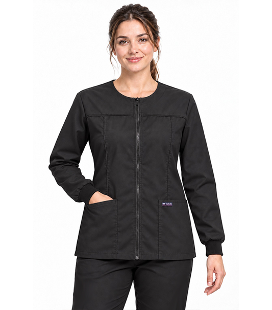 Stretch Women's Scrub Jacket with Horizontal and Vertical Piping, 2 Pockets, Full Sleeves, Ribbed Cuffs, & Zip Closure