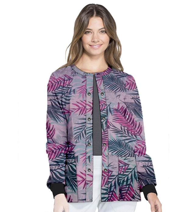 Poplin Unisex Scrub Jacket with Pink leaves Print- 2 Pockets, Full Sleeves