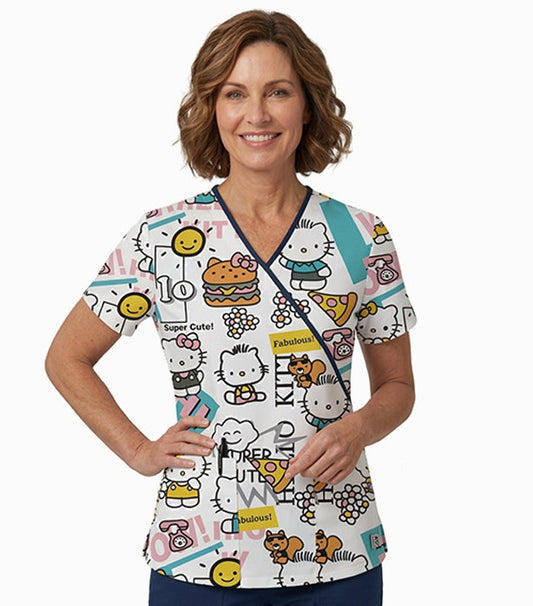 Interlock Stretch Hello Kitty Print Scrub Top mock wrap 3 pocket half sleeve with black piping