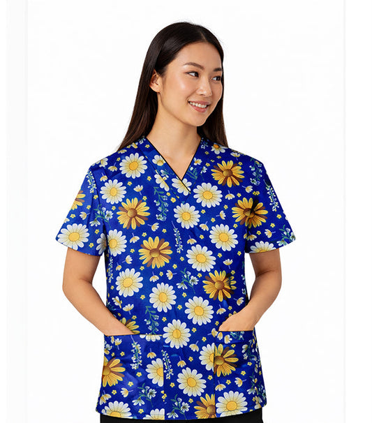 Poplin Women SunFlower Print Scrub Top V Neck - 2 Pockets, Half Sleeves