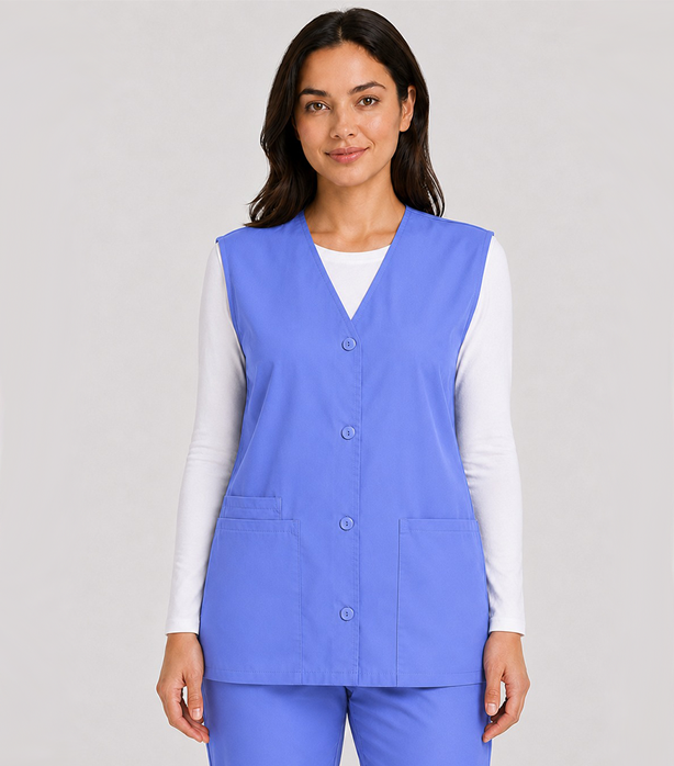 Stretchable Scrub Jacket Vest (Sleeveless) 2 Pockets with Cell Phone Pocket Solid Ladies with Plastic Buttons