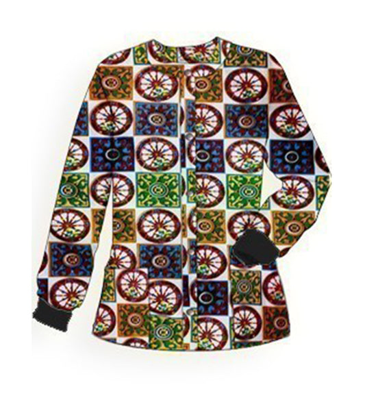 Poplin Unisex Scrub Jacket with Red Wheel Print - 2 Pockets, Full Sleeves