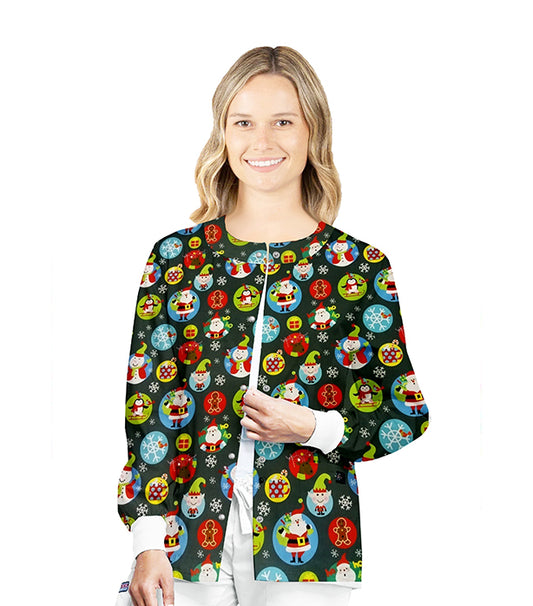Poplin Unisex Scrub Jacket with Santa and Penguin Print- 2 Pockets, Full Sleeves