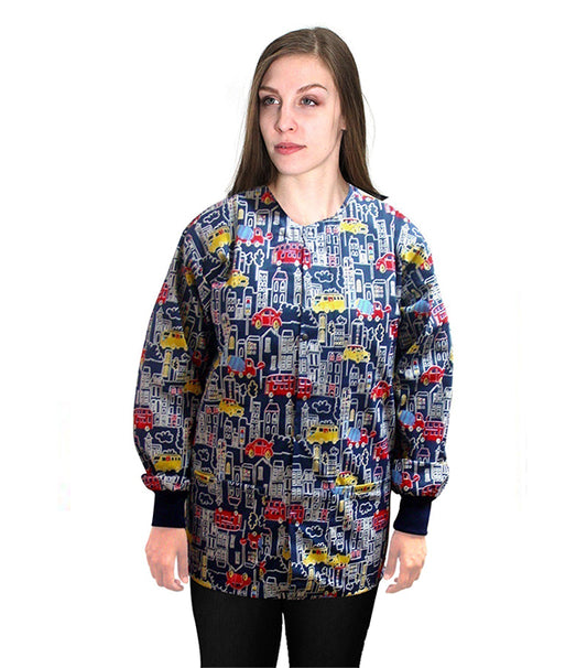Poplin Unisex Scrub Jacket with Building and Bus Print - 2 Pockets, Full Sleeves