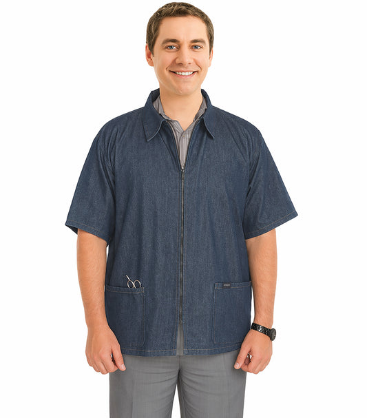 Denim barber jacket with collar 2 pockets half sleeve with zipper dark shade