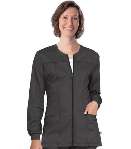 Stretch Women's Scrub Jacket with Horizontal and Vertical Piping, 2 Pockets, Full Sleeves, Ribbed Cuffs, & Zip Closure